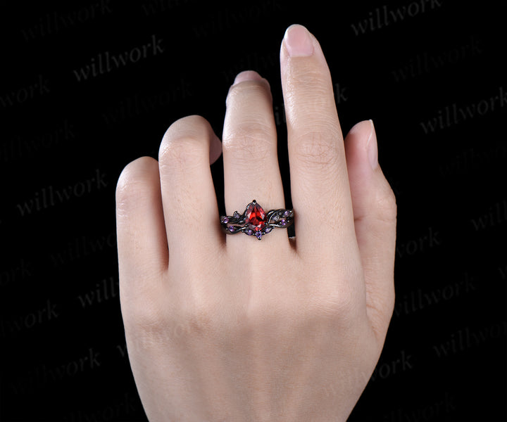 Nature Inspired Leaf twig Pear Garnet Ring Set & Tungsten Garnets Gold Flakes Men’s Band Couple Ring Set