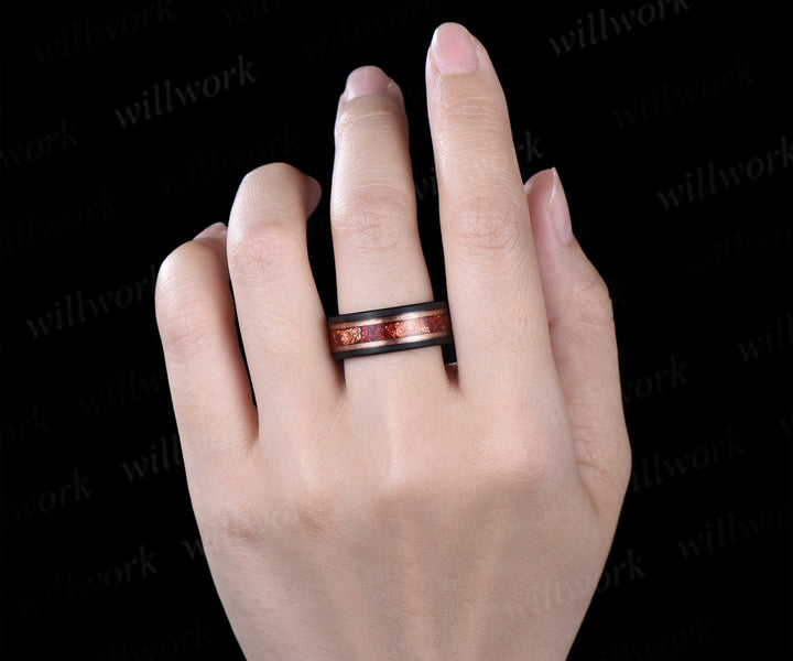 Nature Inspired Leaf twig Pear Garnet Ring Set & Tungsten Garnets Gold Flakes Men’s Band Couple Ring Set