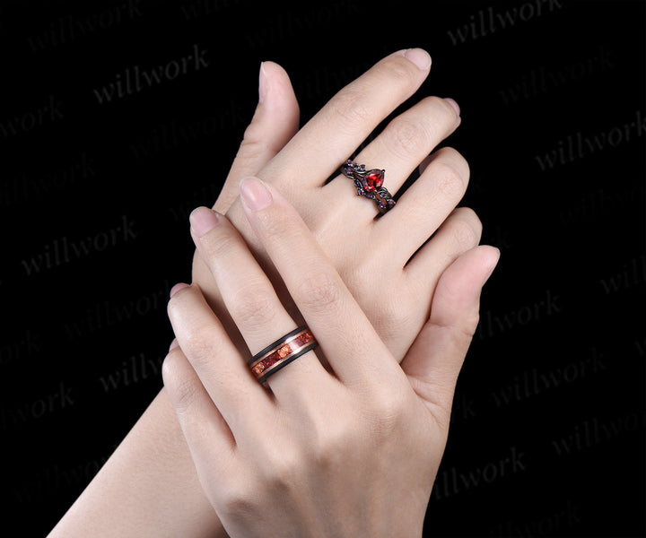 Nature Inspired Leaf twig Pear Garnet Ring Set & Tungsten Garnets Gold Flakes Men’s Band Couple Ring Set