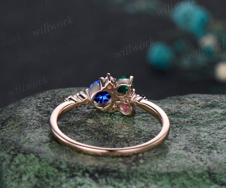 14K Gold Mixed Stone round cut Cluster Ring Christmas Ring Emerald Ring Ruby Anniversary Ring Blue Sapphire Engagement Ring for anniversary