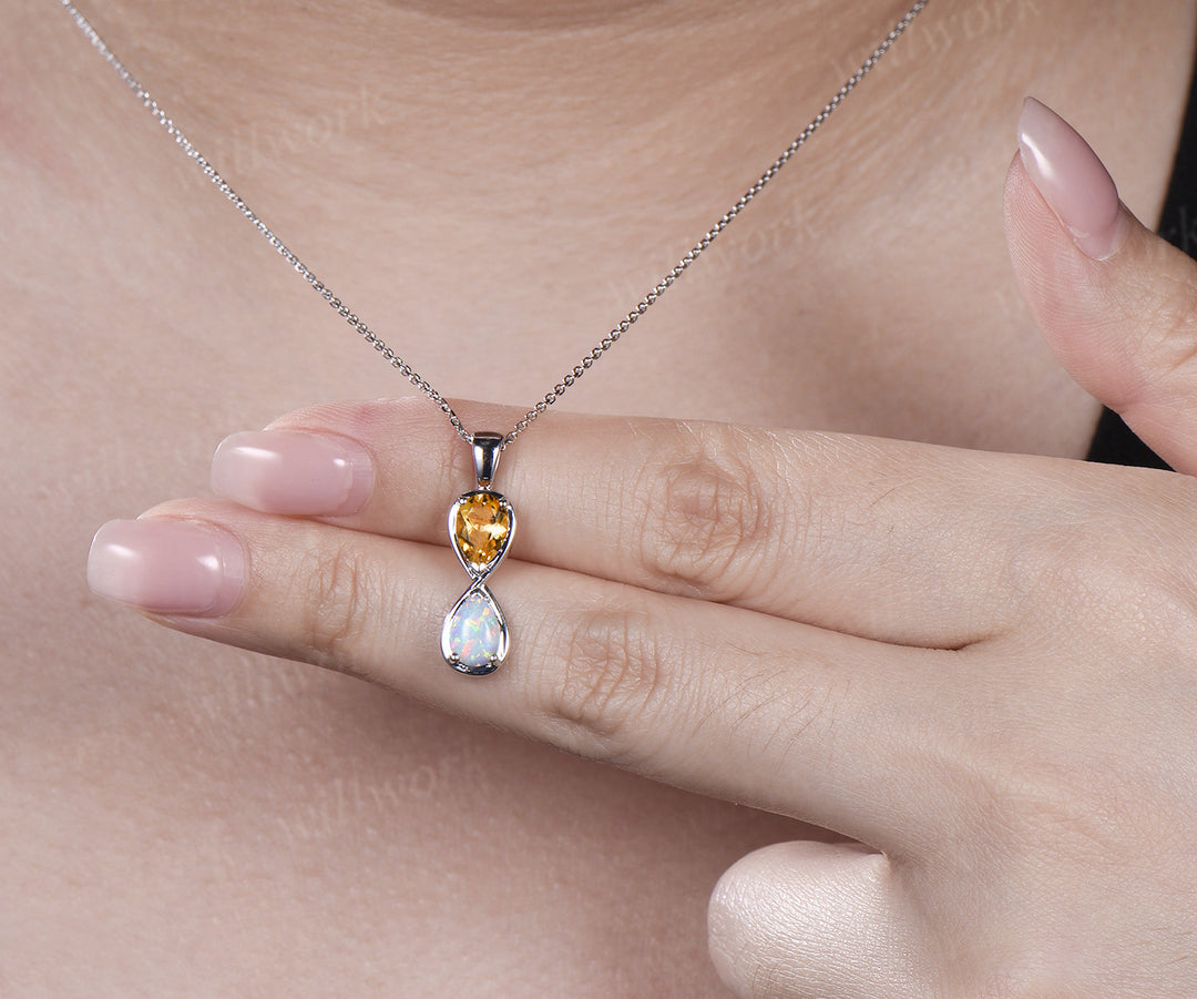 Pear cut citrine opal necklace infinity pendant toi et moi birthstone charm couple BFF necklace