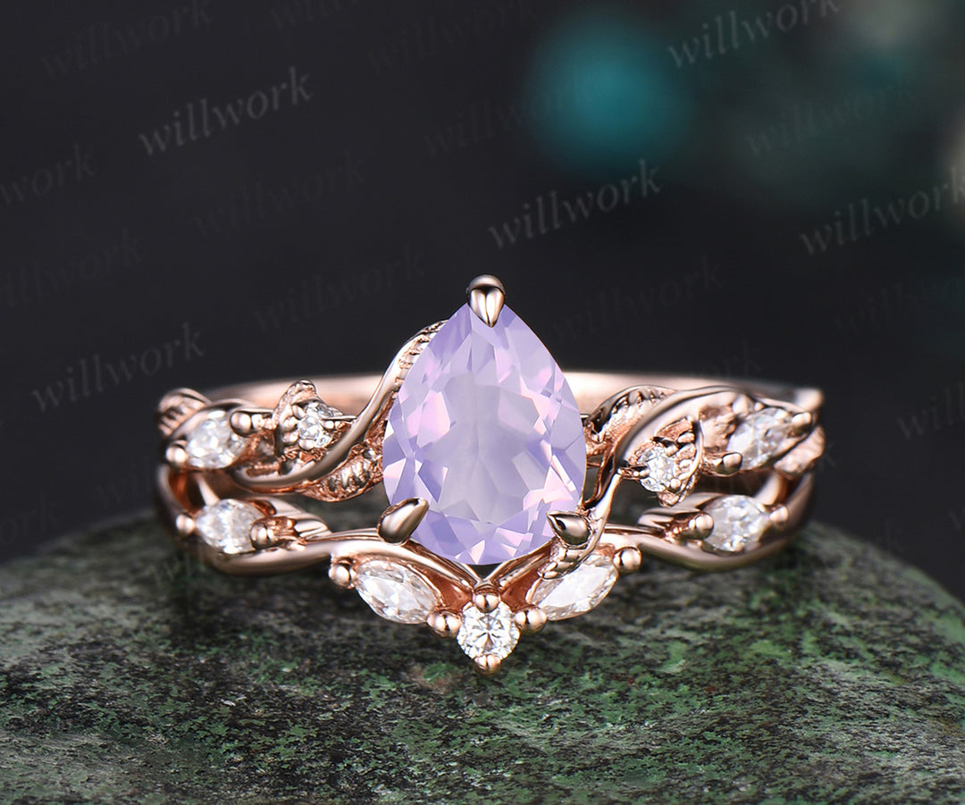 Vintage pear Cut Lavender Amethyst Engagement Ring Set Moissanite Peridot Cluster Wedding Ring 14k Rose Gold 2pcs Bridal Ring Set