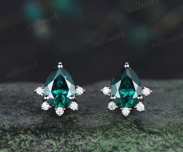 Pear green emerald Earrings 14k white gold cluster diamond Drop Earrings Drop Teardrop gemstone women