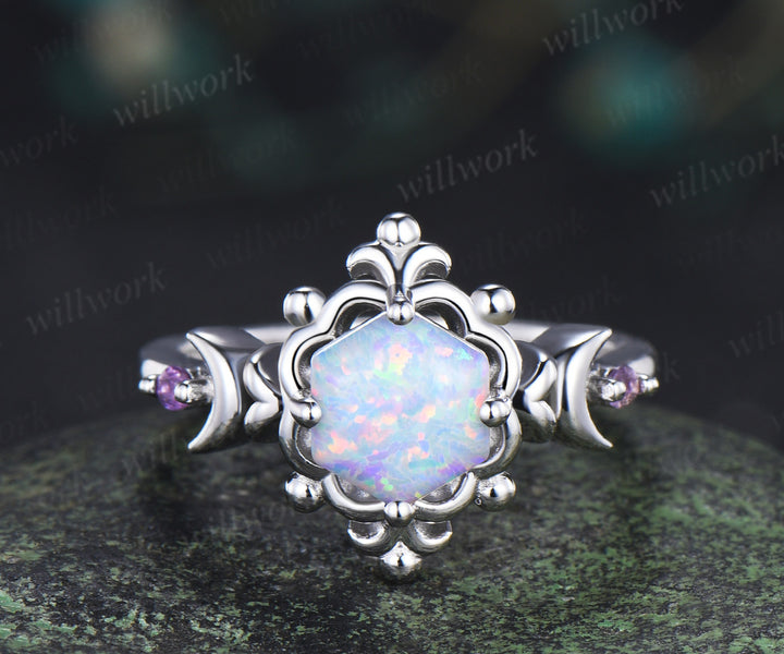 Hexagon opal moon ring amethyst vintage floral crown engagement ring unique gothic opal promise fing