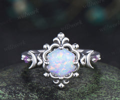Hexagon opal moon ring amethyst vintage floral crown engagement ring unique gothic opal promise fing