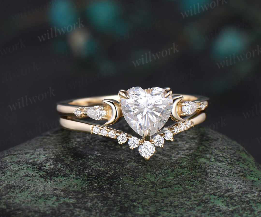 Heart shaped moissanite engagement ring set yellow gold five stone moon pear diamond promise wedding bridal ring set women jewelry