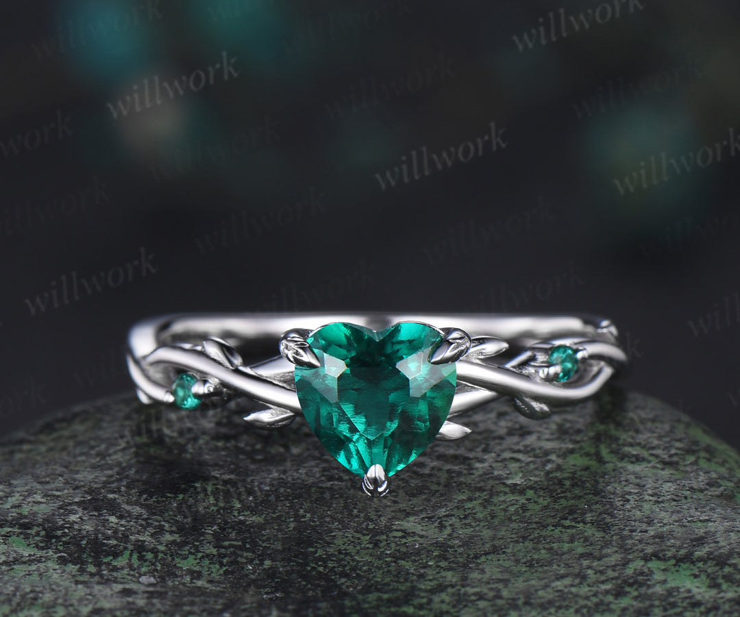 1ct heart cut emerald engagement ring set 14k white gold leaf branch moss agate ring women unique anniversary gift