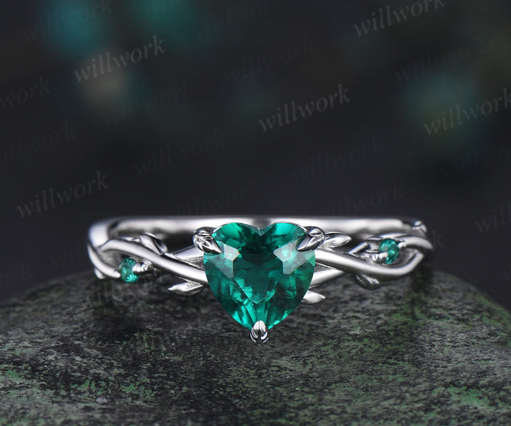 1ct heart cut emerald engagement ring set 14k white gold leaf branch moss agate ring women unique anniversary gift