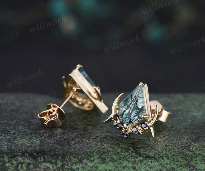 Unique kite cut natural moss agate earrings solid 14k 18k rose gold gothic moon cluster black spinel stud earrings piercing earrings for women
