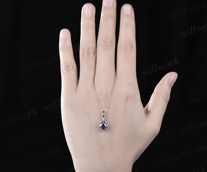 Pear shaped blue sandstone necklace solid 14k white gold dainty cluster diamond blue goldstone pendant women anniversary gift