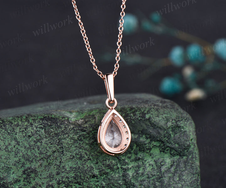 Pear shaped moissanite  Necklace Solid 14k Rose Gold Vintage Unique Halo Diamond Necklace Pendant Women June Birthstone Anniversary Gift
