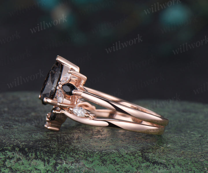 Pear black rutilated quartz engagement ring rose gold cluster diamond bridal anniversary ring set women