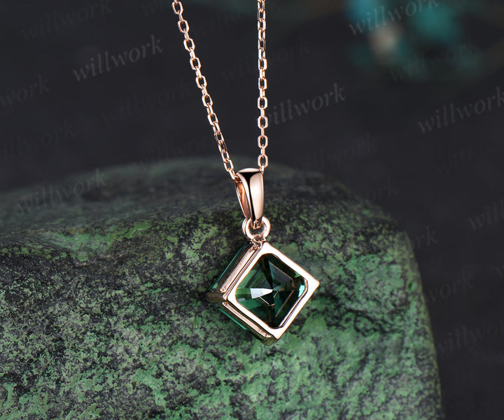 Asscher cut lab green sapphire necklace solid 14k rose gold vintage unique Personalized pendant women her gemstone anniversary bridal gift mother