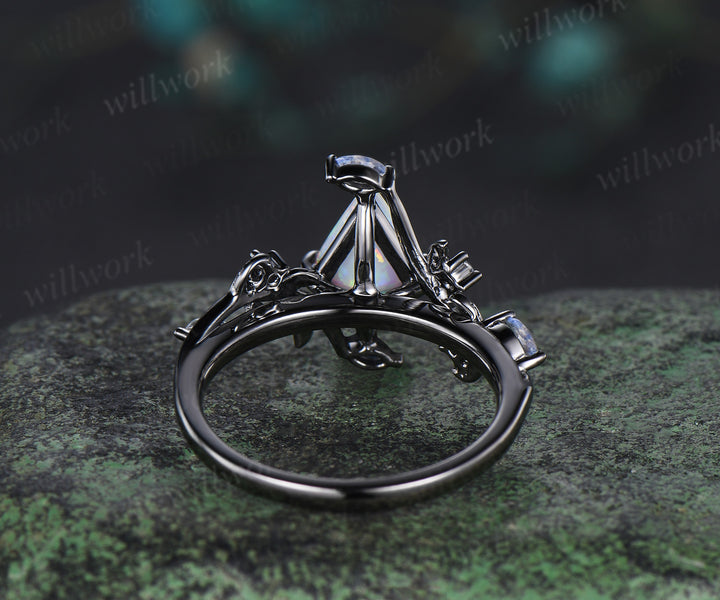 Kite cut white opal leaf engagement ring black gold branch moonstone alexandrite wedding anniversary ring women