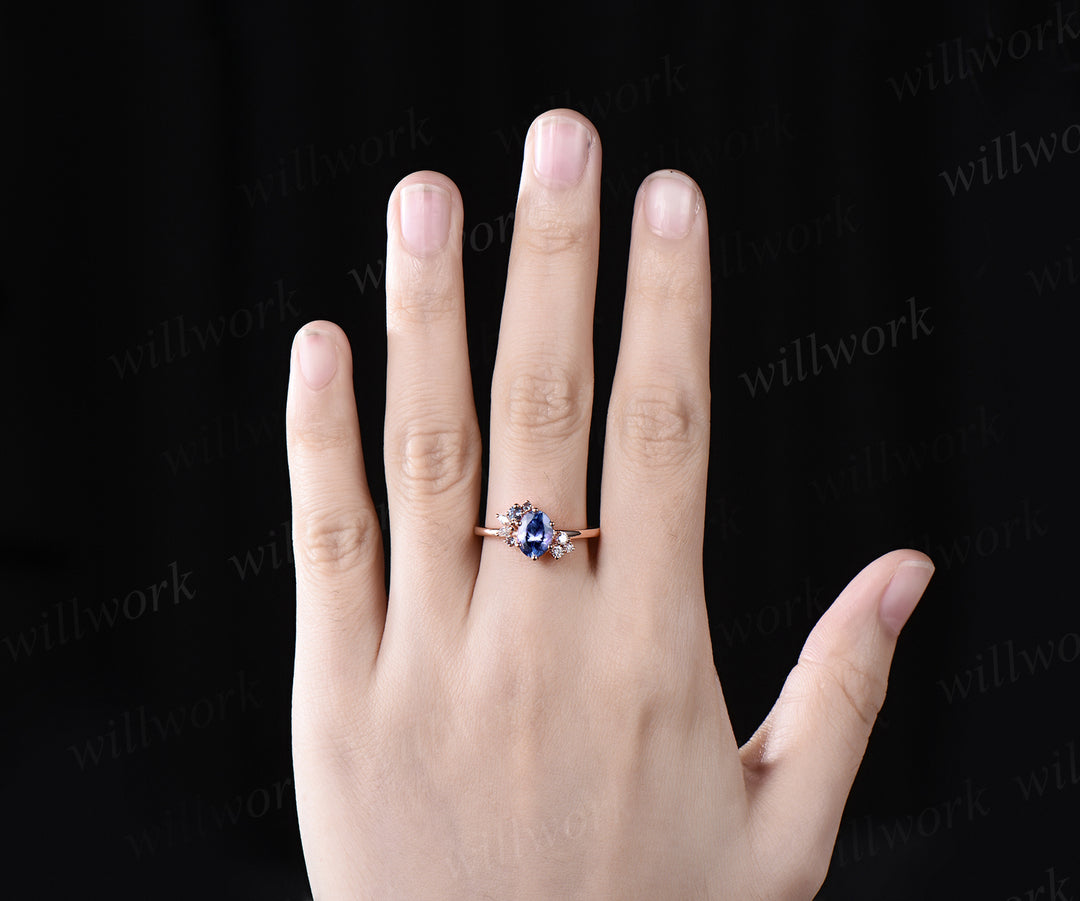 Oval cut Tanzanite ring rose gold women cluster unique engagement ring vintage art deco moissanite promise bridal ring gifts