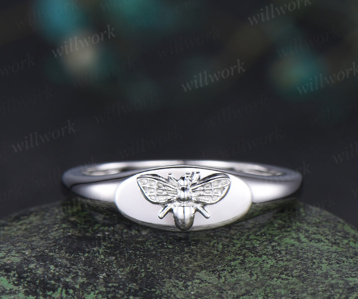 Honey bee signet ring solid 14k white gold ring bumblebee statement ring comfort fit jewelry gifts