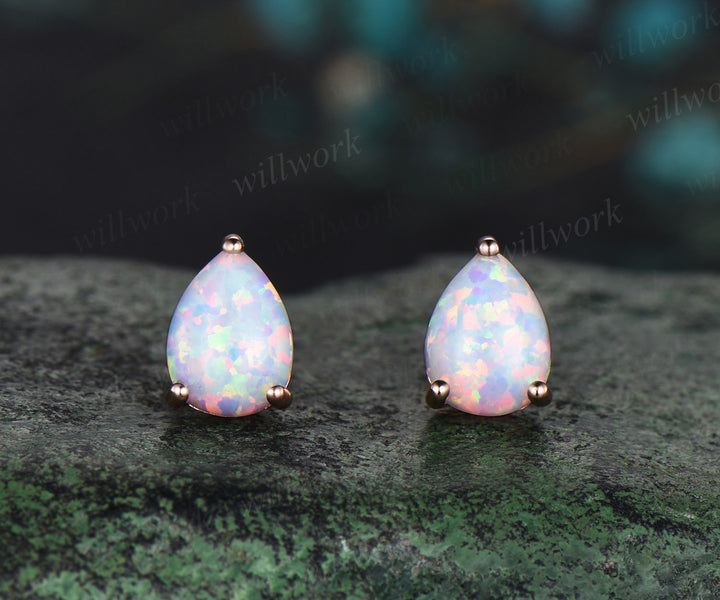Pear shaped white opal earrings solid 14k rose gold Solitaire drop earrings women anniversary gift for her