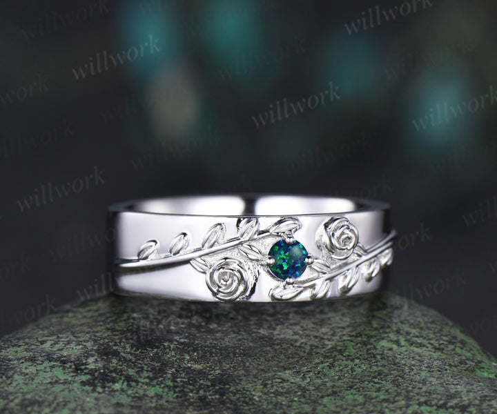 Round black opal mens wedding band solid 14k white gold leaf floral wedding ring unique anniversary ring gift nature inspired Engagement Ring