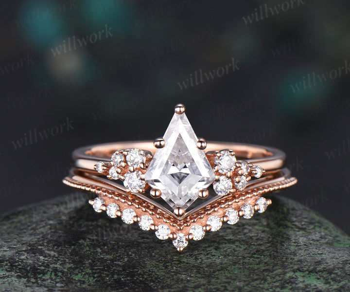 Moissanite engagement ring set kite cut ring rose gold vintage unique snowdrift 6 prong diamond bridal ring set for women