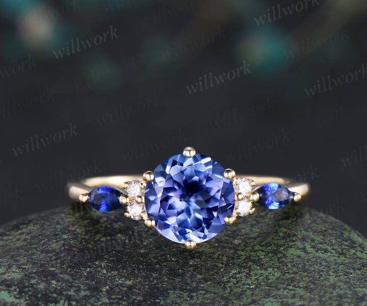 Round cut natural tanzanite engagement ring set yellow gold sapphire diamond wedding ring set jewelry