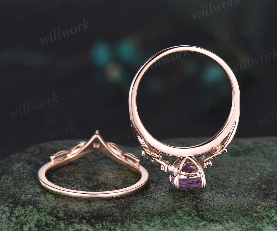 Round cut Lavender Amethyst Engagement Ring Set 14k rose gold leaf emerald moss agate ring vintage nature inspired bridal set Crystal gemstone gift