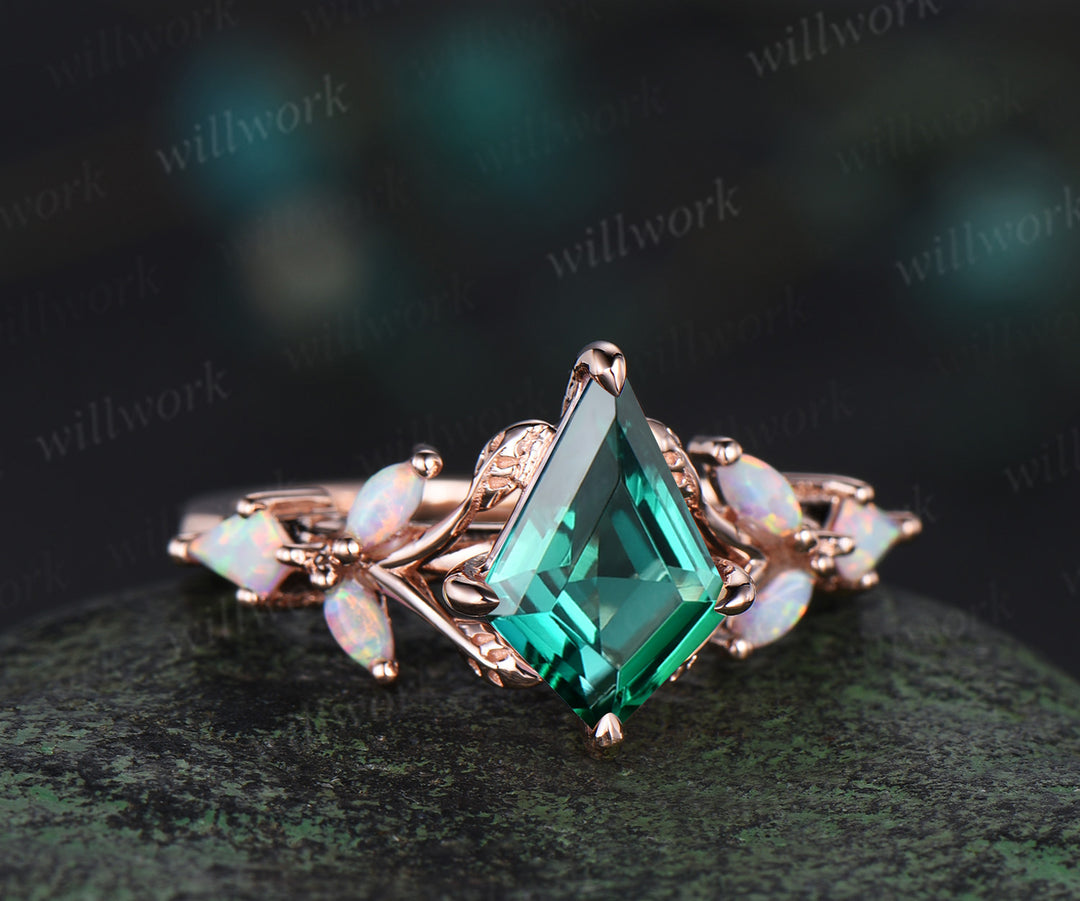 Unique kite cut emerald engagement ring leaf kite opal ring 14k rose gold art deco promise anniversary gift