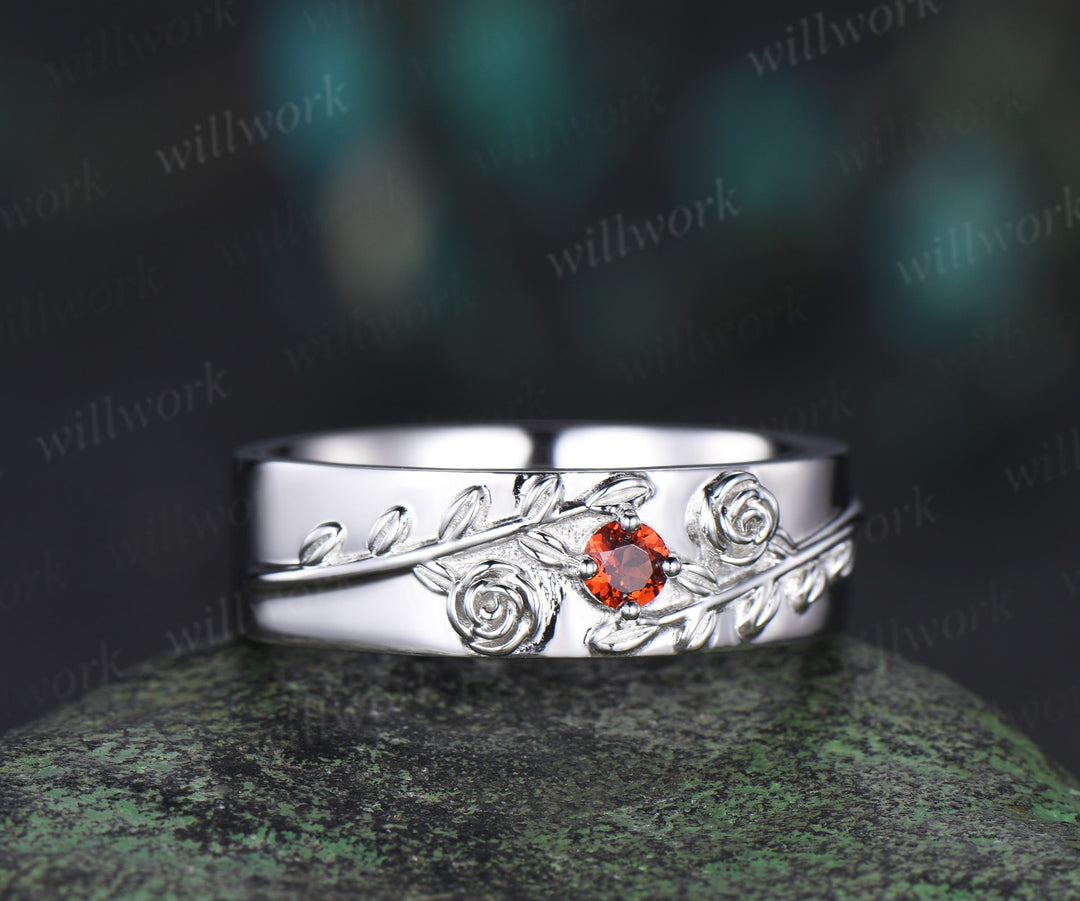 Round red garnet wedding band mens solid 14k white gold leaf floral wedding ring unique anniversary ring gift nature inspired Engagement Ring