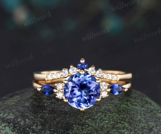 Round cut natural tanzanite engagement ring set yellow gold sapphire diamond wedding ring set jewelry