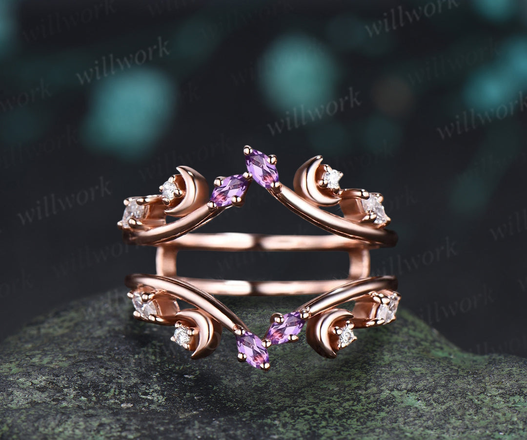 Pear Purple Amethyst Engagement Ring Nature Inspired Branch Leaf Moon Sold Gold Wedding Ring Set