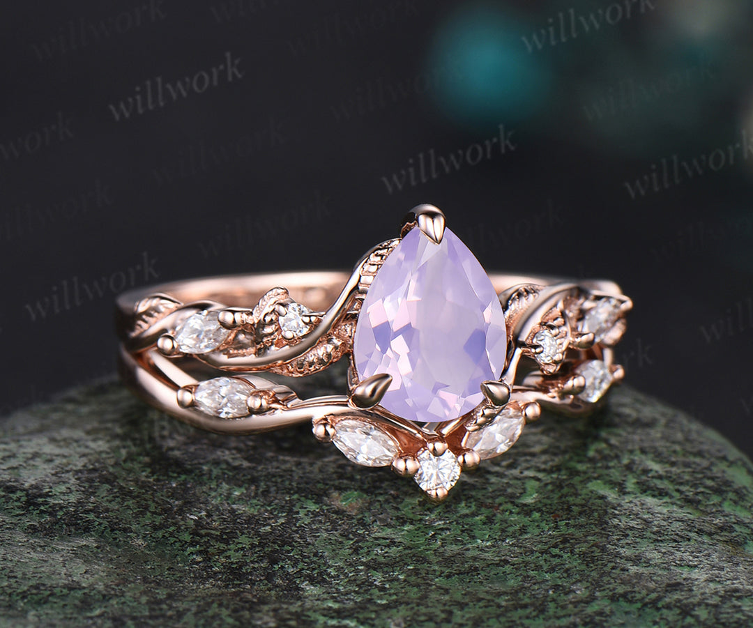 Vintage pear Cut Lavender Amethyst Engagement Ring Set Moissanite Peridot Cluster Wedding Ring 14k Rose Gold 2pcs Bridal Ring Set