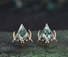 Unique kite cut natural moss agate earrings solid 14k 18k rose gold gothic moon cluster black spinel stud earrings piercing earrings for women