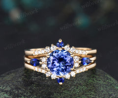 Round cut natural tanzanite engagement ring set yellow gold sapphire diamond wedding ring set jewelry