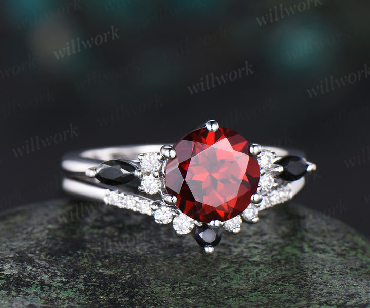 Round cut red garnet Engagement Ring Set solid 14k white gold 6 prong black spinel ring stacking diamond bridal ring set women jewelry