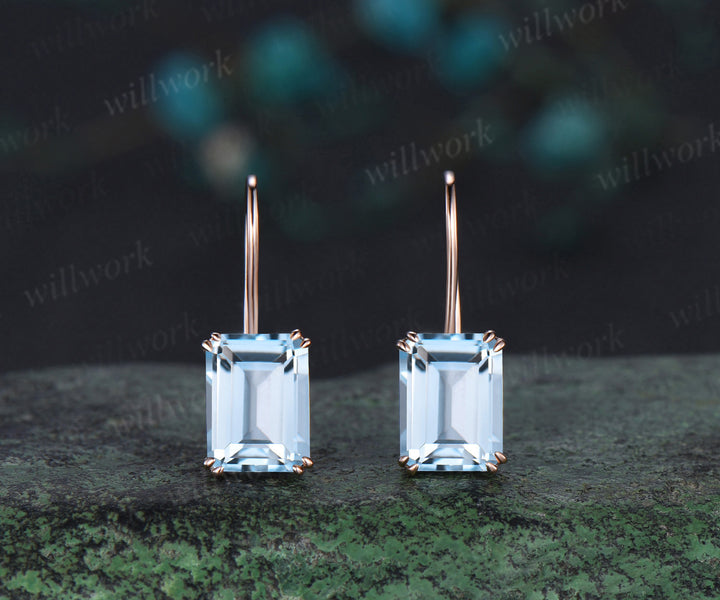 Emerald cut aquamarine stud earrings solid 14k white gold Solitaire Minimalist earrings anniversary gift for women