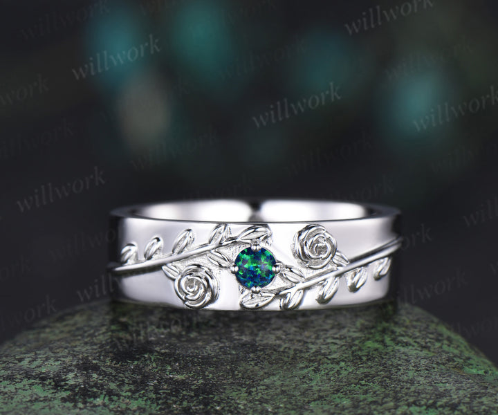 Round black opal mens wedding band solid 14k white gold leaf floral wedding ring unique anniversary ring gift nature inspired Engagement Ring