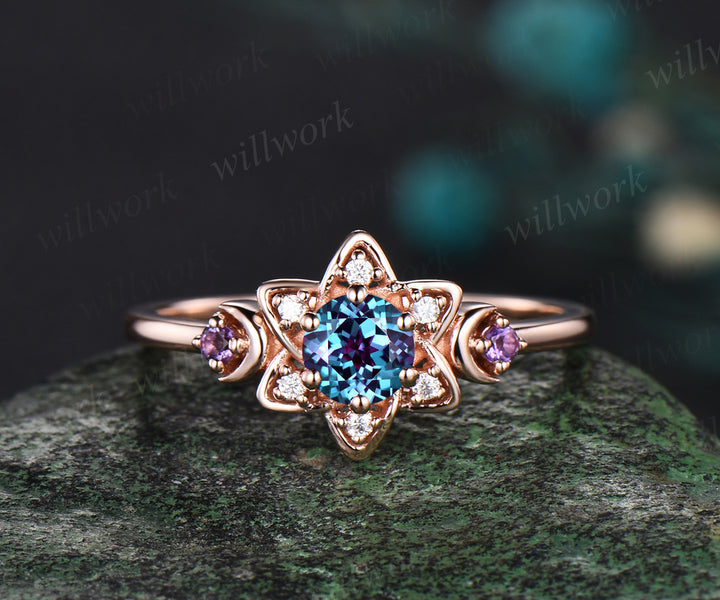 Round cut alexandrite ring vintage rose gold amethyst diamond ring moon star floral Celtic knot engagement ring women gift