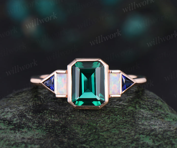 Bezel emerald cut green emerald engagement ring rose gold five stone Baguette opal ring Trilliant sapphire ring retro unique anniversary gift