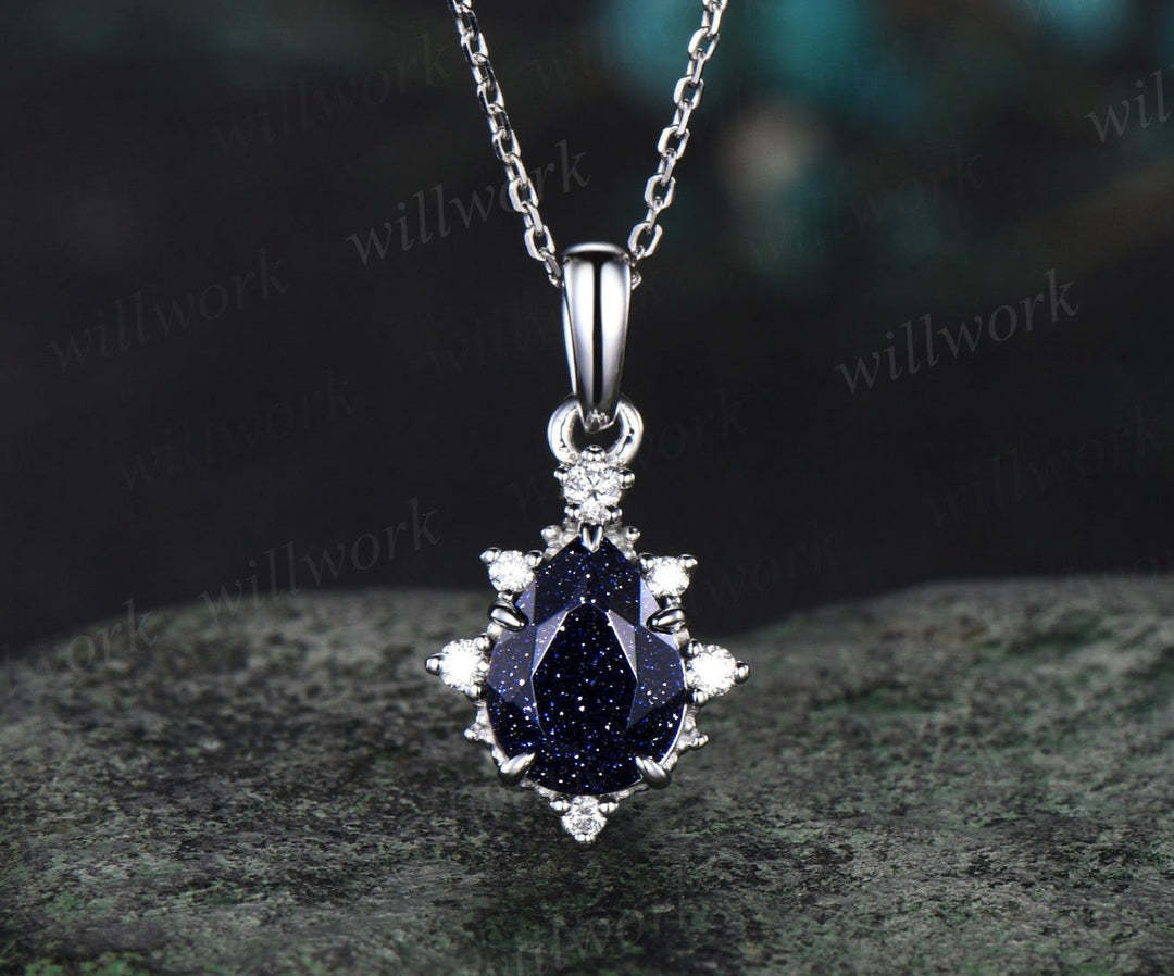 Pear shaped blue sandstone necklace solid 14k white gold dainty cluster diamond blue goldstone pendant women anniversary gift