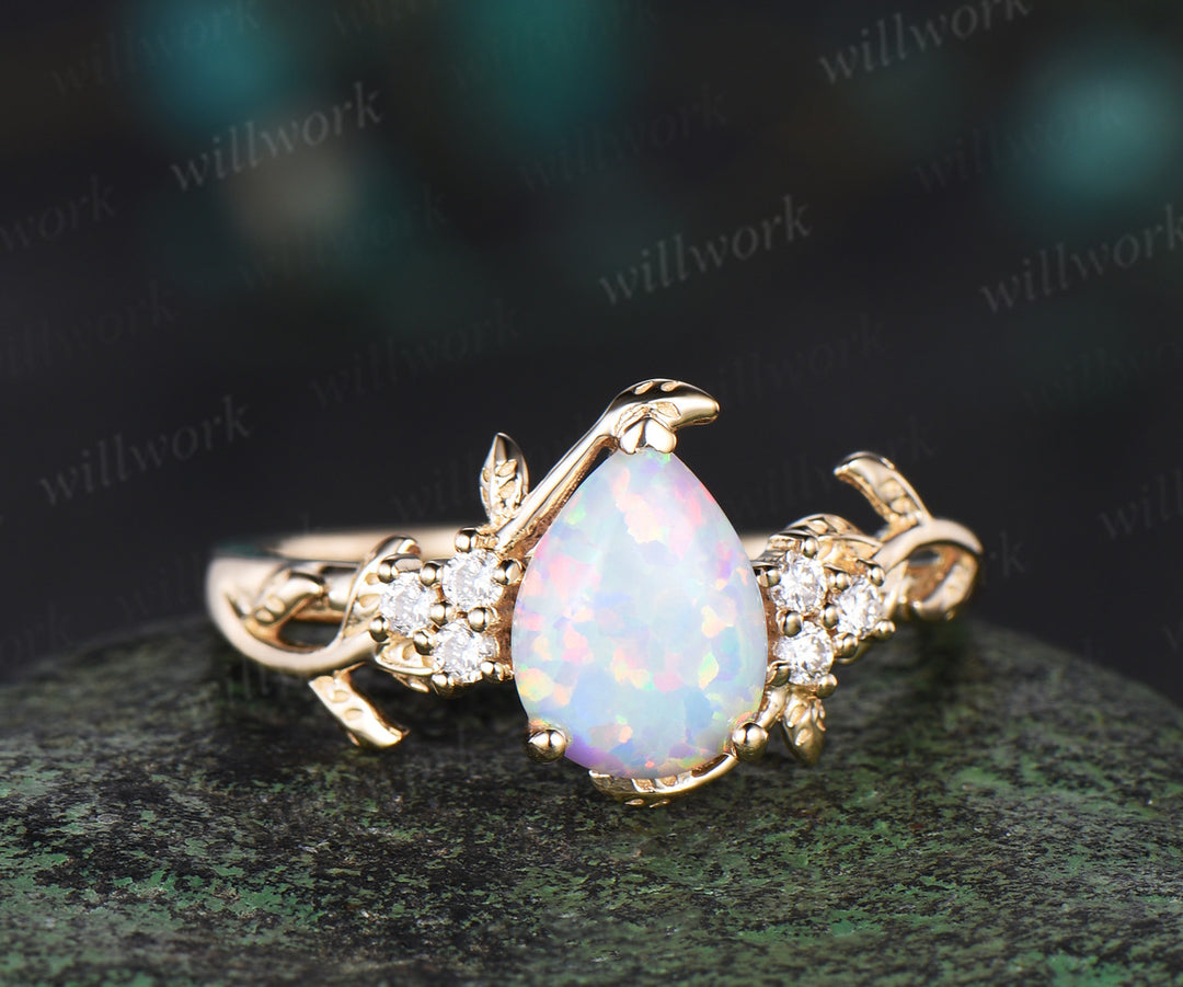 Pear shaped white opal engagement ring vintage twisted vine leaf diamond ring vintage nature inspired anniversary gift opal jewelry