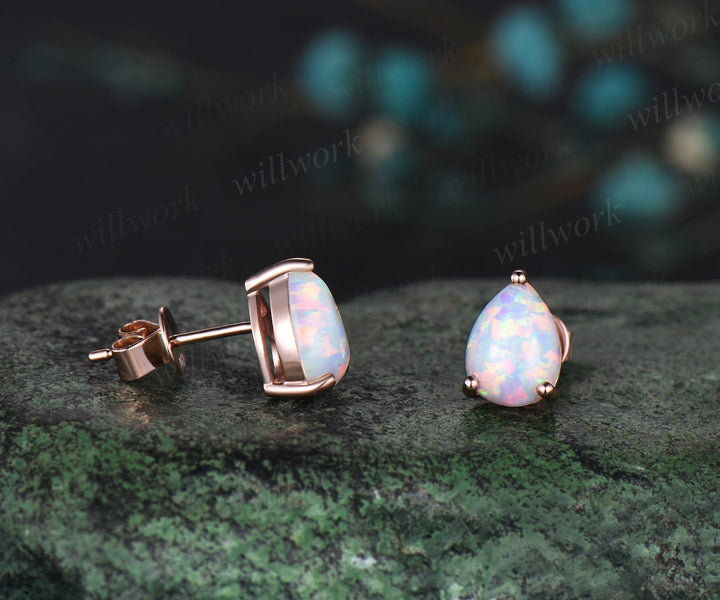 Pear shaped white opal earrings solid 14k rose gold Solitaire drop earrings women anniversary gift for her