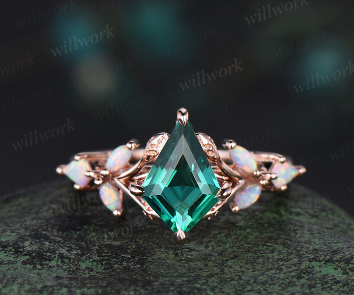 Unique kite cut emerald engagement ring leaf kite opal ring 14k rose gold art deco promise anniversary gift