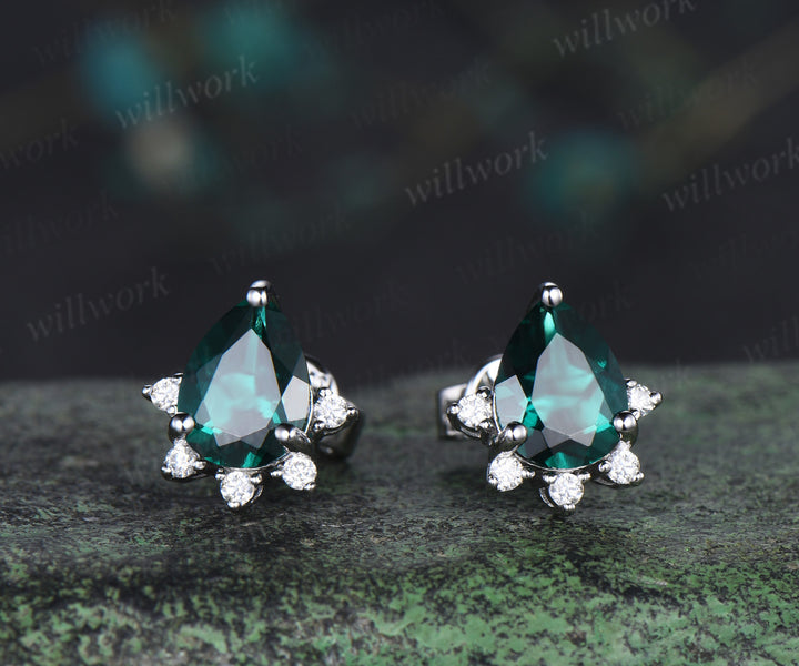 Pear green emerald Earrings 14k white gold cluster diamond Drop Earrings Drop Teardrop gemstone women