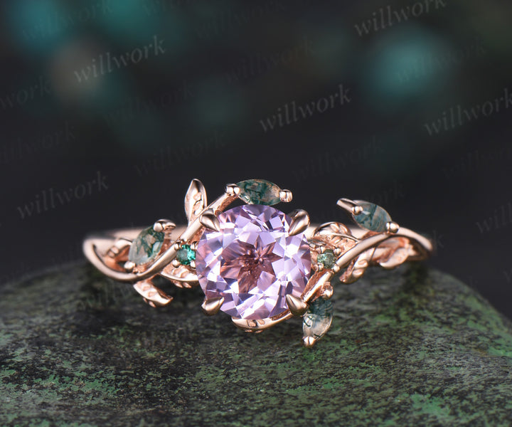 Round cut Lavender Amethyst Engagement Ring Set 14k rose gold leaf emerald moss agate ring vintage nature inspired bridal set Crystal gemstone gift