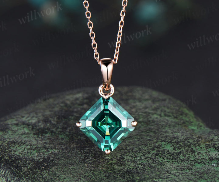 Asscher cut lab green sapphire necklace solid 14k rose gold vintage unique Personalized pendant women her gemstone anniversary bridal gift mother