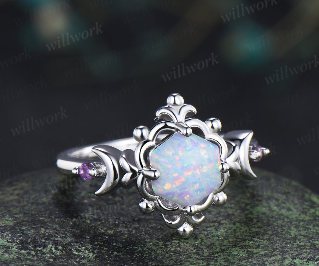 Hexagon opal moon ring amethyst vintage floral crown engagement ring unique gothic opal promise fing