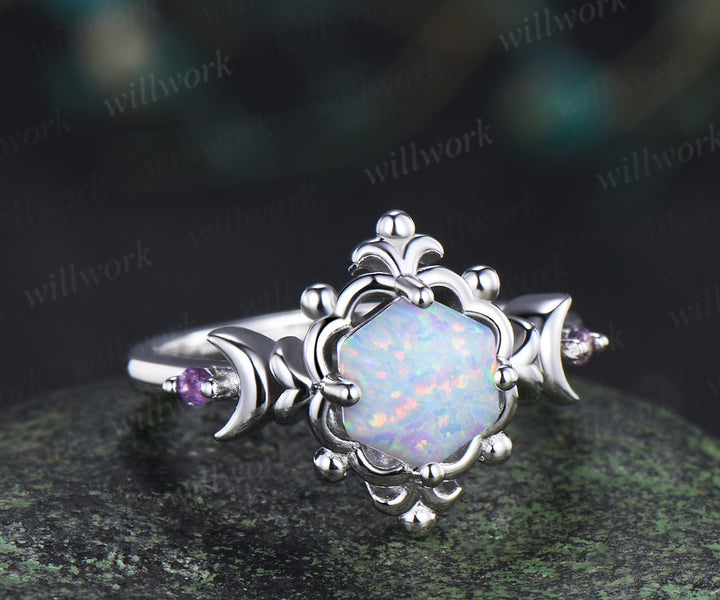 Hexagon opal moon ring amethyst vintage floral crown engagement ring unique gothic opal promise fing