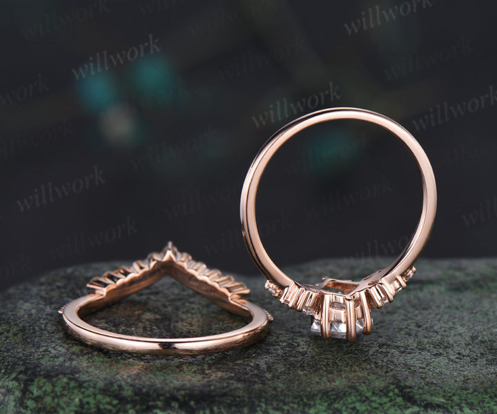 Moissanite engagement ring set kite cut ring rose gold vintage unique snowdrift 6 prong diamond bridal ring set for women