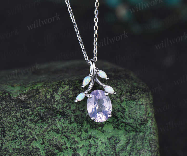 Oval cut Lavender Amethyst Necklace 14k white gold five stone marquise opal Nature Inspired Pendant antique anniversary gift jewelry