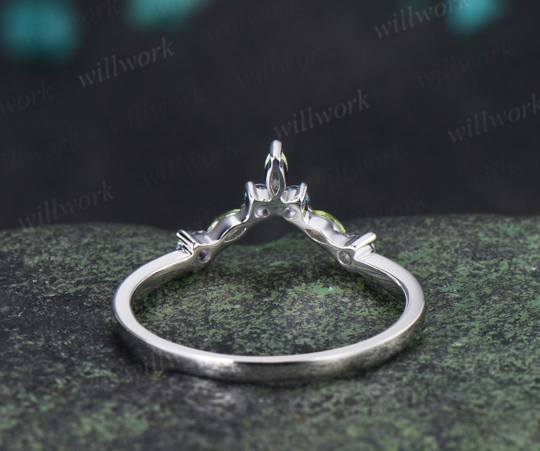 Curved V shaped wedding band unique marquise peridot round alexandrite stacking ring birthstone ring