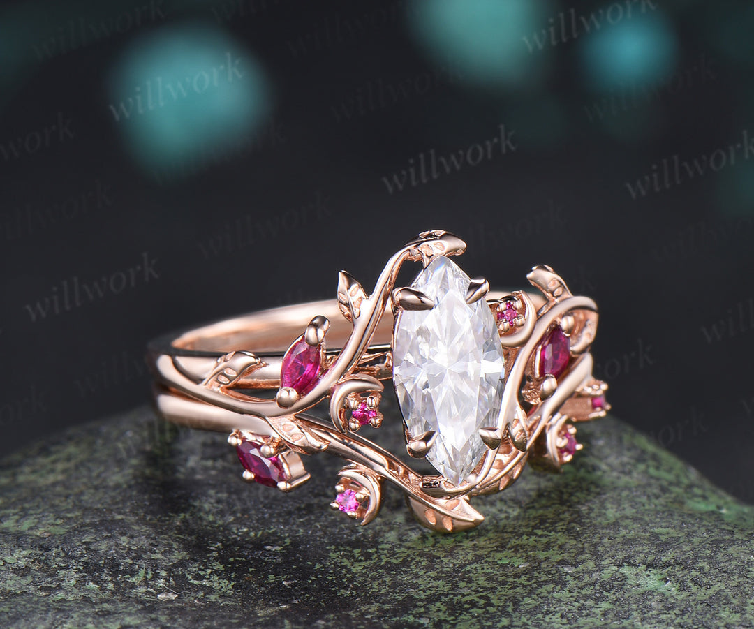 Marquise cut moissanite ring set leaf moon twig ring ruby accents nature inspired bridal set